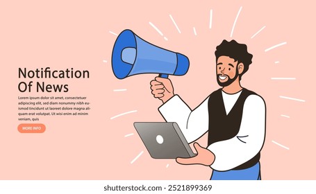 Empresário usa megafone e computador. Indique um banner de conceito de amigo. Estratégia de marketing digital. Conversa dos funcionários em vídeo call on laptop com colegas diversos. Mídias sociais. Contorno do vetor plano.
