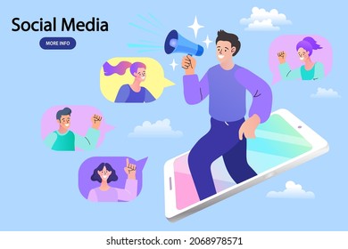 Businessman use megaphone and mobile phone. Refer a friend concept banner. Digital marketing strategy. employee talk on video call on smartphone with diverse colleagues. Flat Vector. 