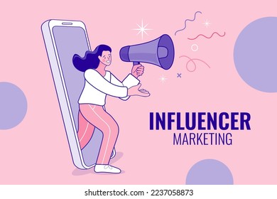 Businessman use megaphone and mobile phone. Refer a friend concept banner. Digital marketing strategy. employee talk on video call on smartphone with diverse colleagues. Flat Vector outline.