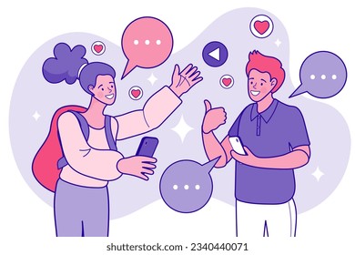 Businessman use mobile phone. Refer a friend concept banner. Digital marketing strategy. employee talk on video call on smartphone with diverse colleagues. Social media for friends. Flat Vector.
