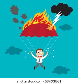 Businessman use money bills as a parachute on fire, vector illustration cartoon