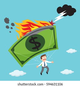 Businessman use money bills as a parachute on fire, vector illustration cartoon