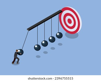 Businessman use newtons cradle make impact to hit target isometric 3d vector concept