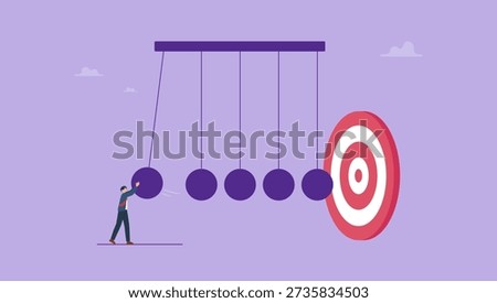 Businessman use newtons cradle make impact to hit target. Make impact to success or reach target.