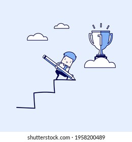 Businessman use pencil to create his own stair to success. Cartoon character thin line style vector.