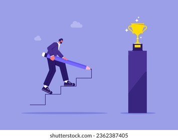 Businessman use pencil to draw rising up stairs, walk climbing up ladder and try to reach trophy cup, business development successful concept