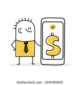 Businessman use a phone showing a dollar sign. Personal financial management and financial literacy concept. Stick figure. Doodle style. Vector illustration.