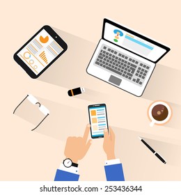 businessman use phone at workplace top above view desk vector illustration