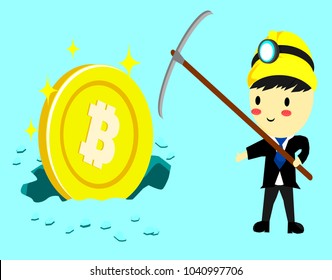 businessman use pickaxe working big coin,Cartoon style,Cryptocurrency concept 