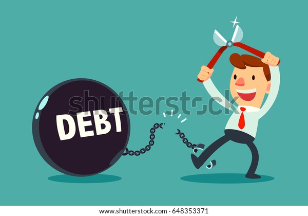 businessman use pliers to cut\
the chain and free himself from debt metal ball. Financial freedom\
concept. 