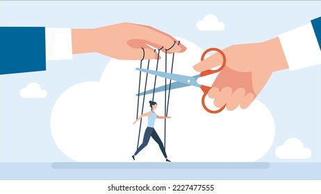 Businessman use scissors to cut controlled strings puppet, giving it freedom. Free from manipulation. Freedom, independent, liberation, control concept. Puppet. Human manipulation. Vector illustration