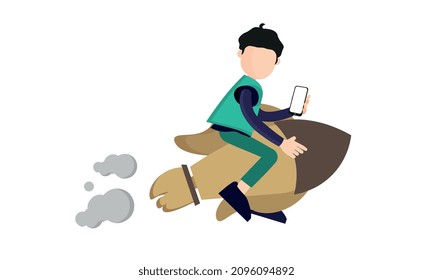 businessman use smart phone to launch his idea rocket. Cartoon character. Businessman flying on rocket in business concept.