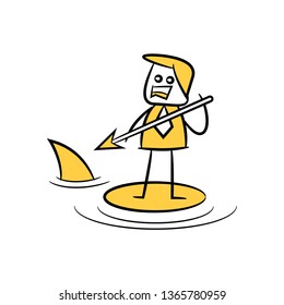 businessman use spear to fight shark, yellow character doodle design