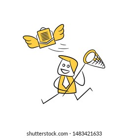 businessman use spoon net to catch mail yellow stick figure design