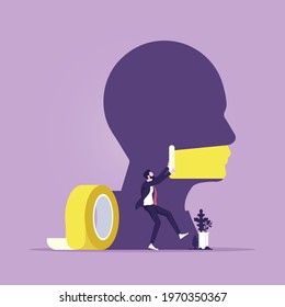 Businessman use tape to seal the giant's mouth with tape sealed mouth, No comment svg