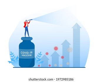 Businessman use through a telescope on Coronavirus COVID-19 
 vaccine bottle to rising arrow economic chart vector illustration