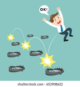 Businessman use trick to escape bear trap success, vector illustration cartoon