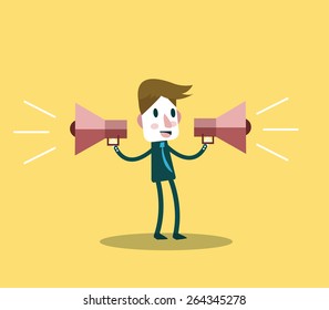 Businessman use two loudspeaker. marketing and advertise concept. flat character design. vector illustration