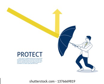 businessman use umbrella to protecting arrow down. hand drawn style vector doodle design illustrations. - Vector