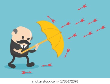 businessman use umbrella protecting arrow 