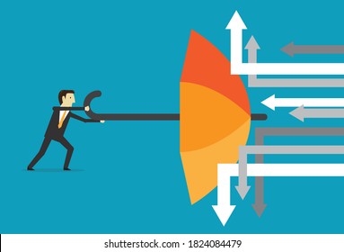 Empresario usa paraguas para bloquear ataques, ilustración vectorial en estilo plano