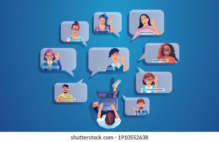 Businessman use Video conference landing Working People on window screen taking with colleagues. Videoconferencing and online meeting , man and woman online learning Vector illustration, Flat design