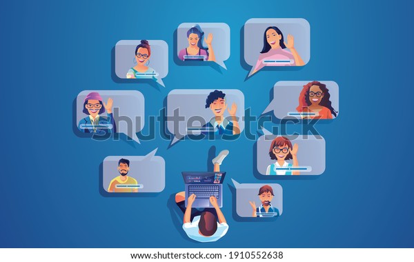 Businessman use Video conference landing Working\
People on window screen taking with colleagues. Videoconferencing\
and online meeting , man and woman online learning Vector\
illustration, Flat\
design