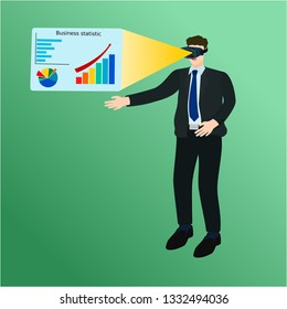 Businessman use vr headset device display business graph