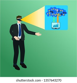 Businessman use vr headset device display success profit money with computer and cloud internet