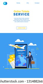 Businessman Used Online Tickets Service on Plane. Banner Illustration Man in Suit Stands next Mobile Phone Holding Briefcase in his Hand. Business Trip to Country. Smartphone for Communication