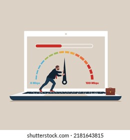 Businessman user pulls an arrow on measuring scale. Slow loading of media content. Speed test.  Signal quality improvements, speed optimization. Tariff plan with fast internet on laptop.