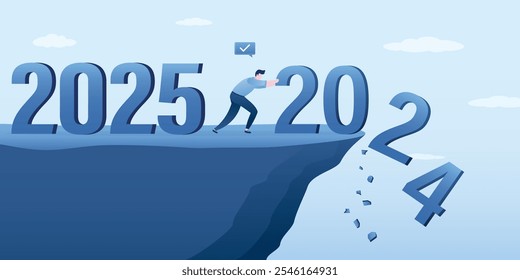 Empresario o usuario arroja números 2024 al precipicio. Fin de año, celebración del nuevo 2025. Espero que el año que viene mejore. Oportunidad, cambio a un negocio exitoso, futuro brillante. Ilustración vectorial plana