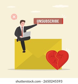 Businessman user working with laptop and push unsubscribe button. Unsubscribe email exit from mailing list, cancel subscription button, remove or leaving marketing email, delete or rejection. vector