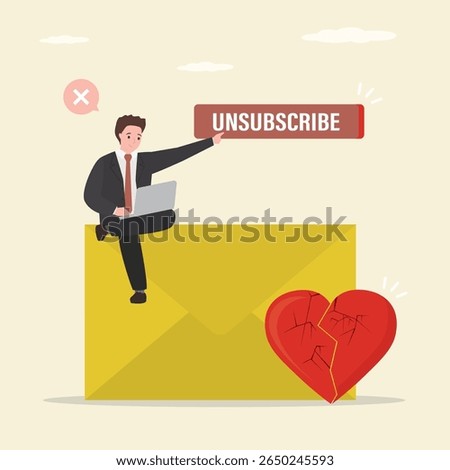 Businessman user working with laptop and push unsubscribe button. Unsubscribe email exit from mailing list, cancel subscription button, remove or leaving marketing email, delete or rejection. vector