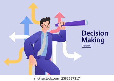 Businessman uses binoculars. Data driven business. Analysis of financial result activities. business growth. decision making. Choosing a path to success. man chooses solution. vector illustration.