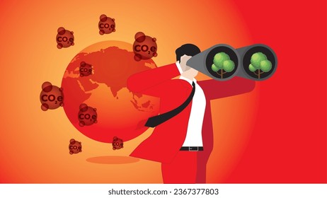 A businessman uses binoculars to find a tree for a red and hot earth with CO2. Environmental concern, Net zero carbon footprint emission, Sustainability, Global heating, Climate emergency, and crisis.