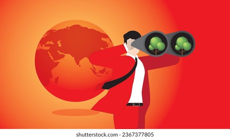 A businessman uses binoculars to find a tree with a red and hot earth. Environmental concern, Net zero carbon footprint emission, Sustainability, Global heating, Climate emergency, and crisis concept.