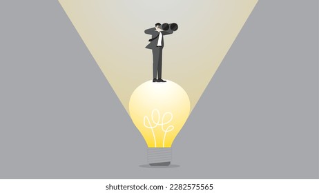 A businessman uses binoculars on a big light bulb. The business solution, problem-solving, work idea, creativity, inspiration, imagination, thinking, creation, comfort zone, and visionary concept.