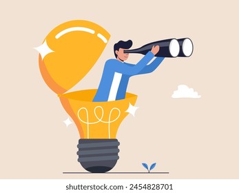 A businessman uses binoculars in an open bulb, resembling a seashell. Illustration of creativity and vision for spotting business opportunities.