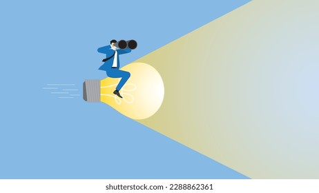A businessman uses binoculars riding a big light bulb rocket. Search for new business opportunity, problem-solving, ideas, creativity, inspiration, imagination, drive to success, creative, and vision.