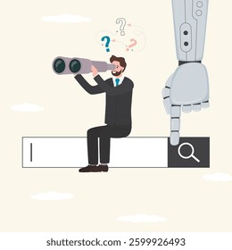 Businessman uses binoculars and searching information, big robot hand points to search bar. Chat bot artificial intelligence help in data search. Technology of automatic analysis, web browsing. vector