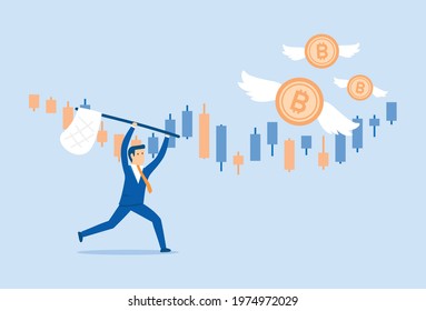 Businessman uses a butterfly net to catch stock market, Vector illustration in flat style