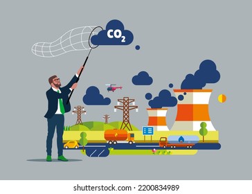 Businessman uses butterfly net to catch gas carbon dioxide symbol. Zero emission concept design. Flat vector illustration