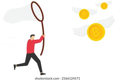 Businessman uses a butterfly net to catch stock market, Vector illustration in flat style

