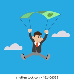 the businessman uses the dollar as a parachute, vector illustration cartoon concept