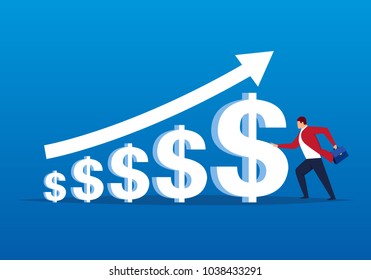 The businessman uses the dollar to push the arrow to the highest point