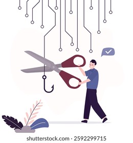 Businessman uses giant scissors and cut off fishing hook. Fight against scam, internet phishing. Smart user does not become victim of scammers and thieves. Cyber bait, deceit. flat vector illustration