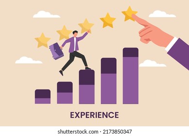 Businessman uses graphics to get 5 stars. Higher the experience of the entrepreneur the higher the level. Job training Concept. Flat vector illustration isolated.