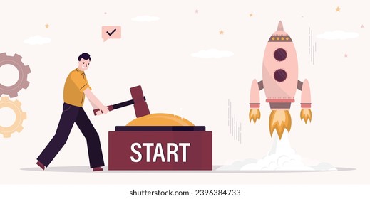 Businessman uses hammer and push start button. Motivation concept. Start business, rocket launched, entrepreneur to begin new company, startup launch project, opportunity, making decision. flat vector