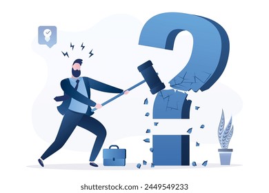 Businessman uses hammer and smashing big question mark. Problem solving, brainstorming. Search for new ideas. Imagination, creativity. Male employee overcoming obstacles. Idea pitching. Flat vector